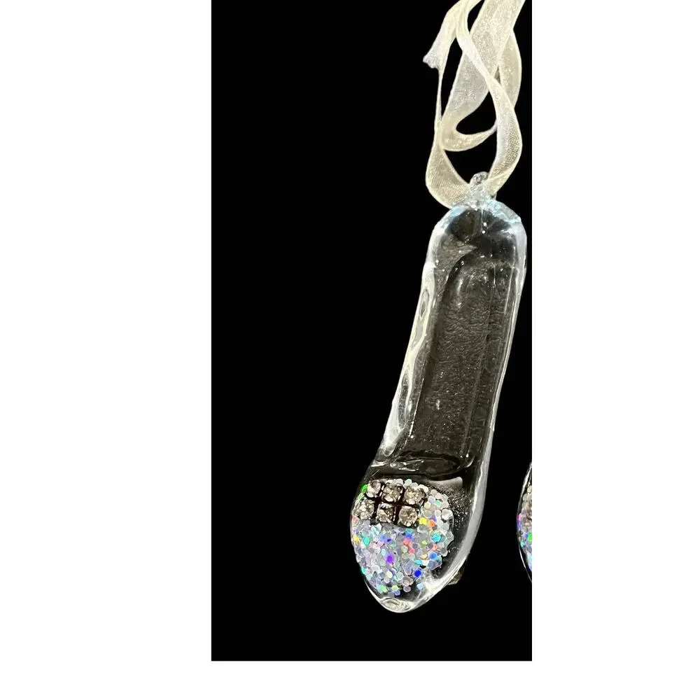 Art Blown Glass BALLET SLIPPER Rhinestones & Aurora Borealis Glitter Toe 3.25